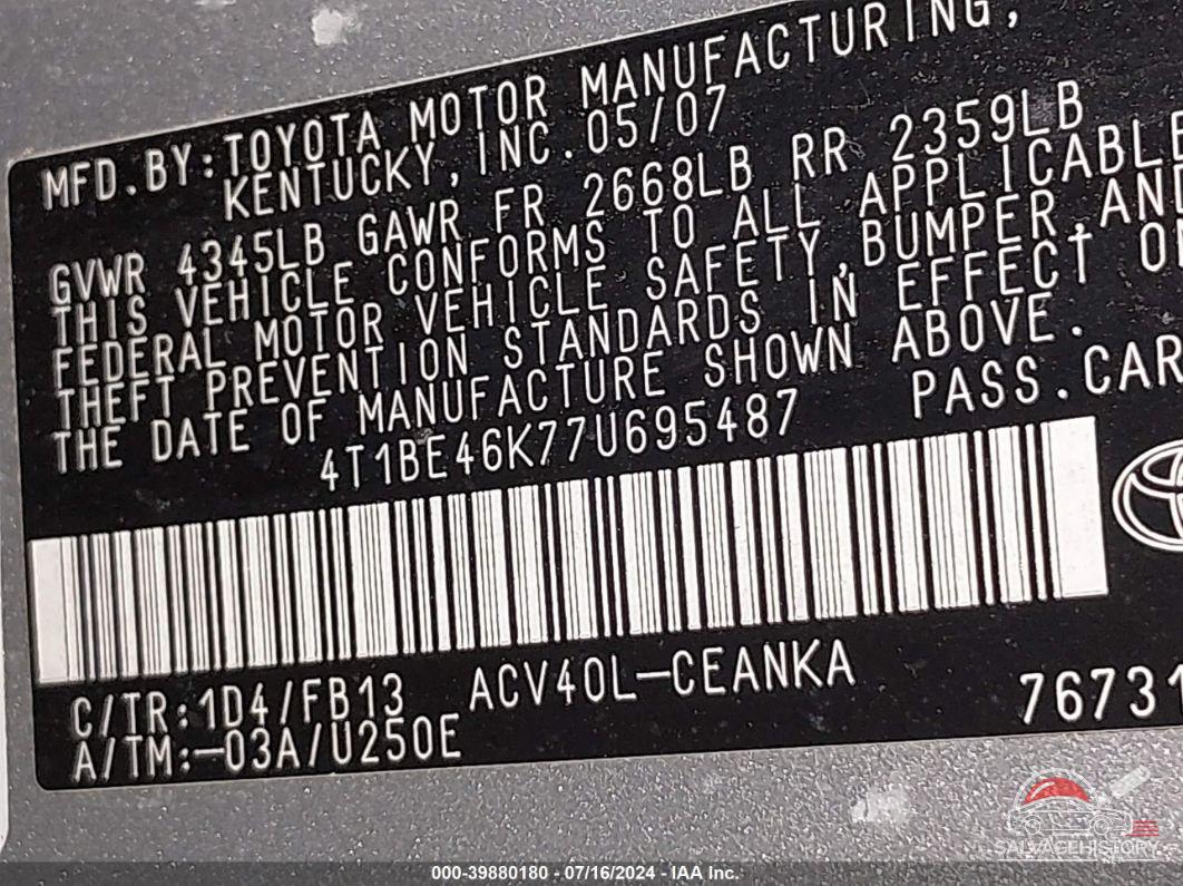 4T1BE46K77U695487 2007 TOYOTA CAMRY photo no. 9