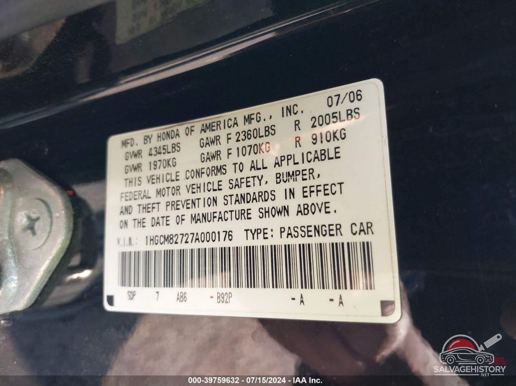 1HGCM82727A000176 2007 HONDA ACCORD photo no. 9