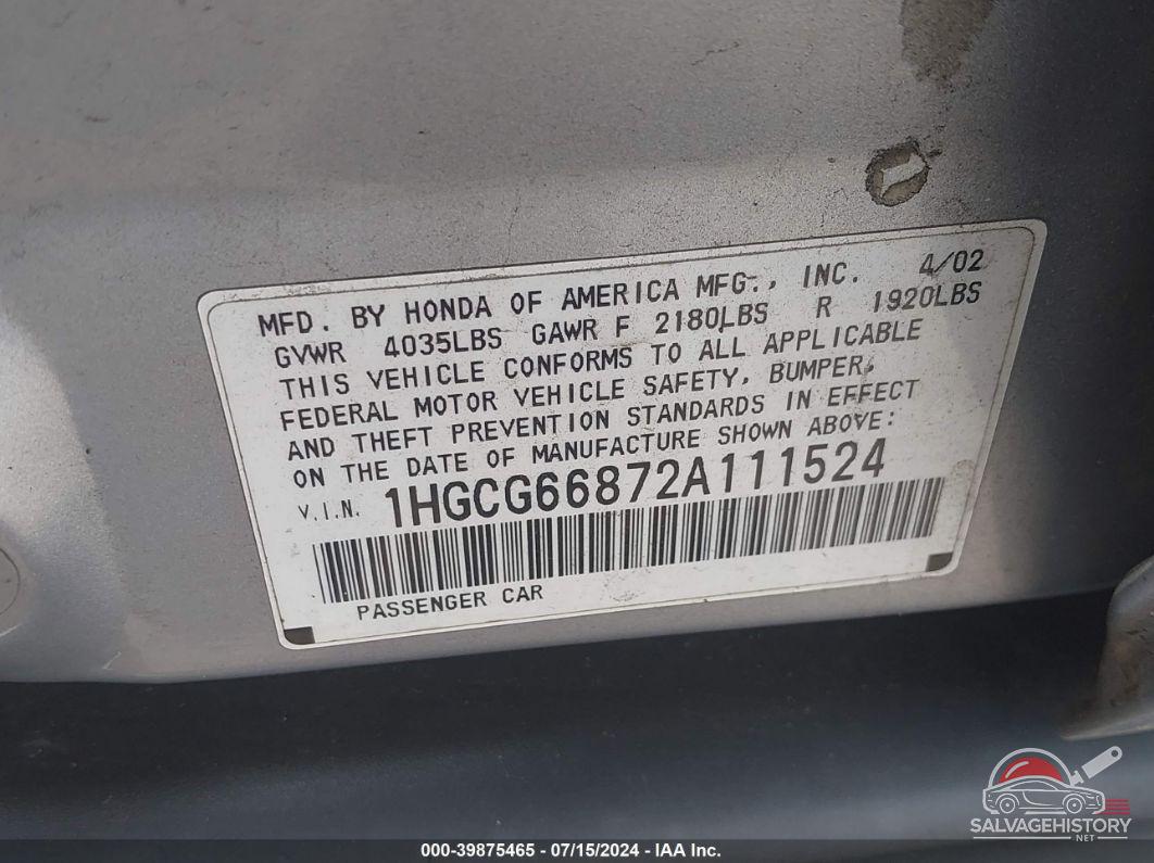 1HGCG66872A111524 2002 HONDA ACCORD photo no. 9