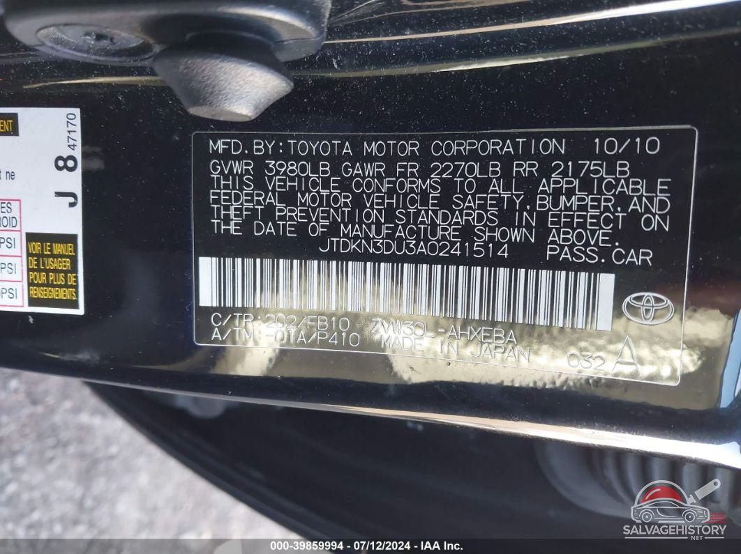 JTDKN3DU3A0241514 2010 TOYOTA PRIUS photo no. 9