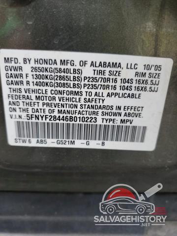 5FNYF28446B010223 2006 HONDA PILOT photo no. 13