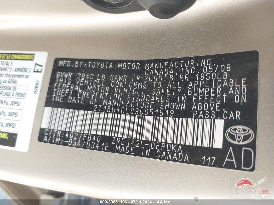 2T1BU40E89C051619 2009 TOYOTA COROLLA photo no. 9