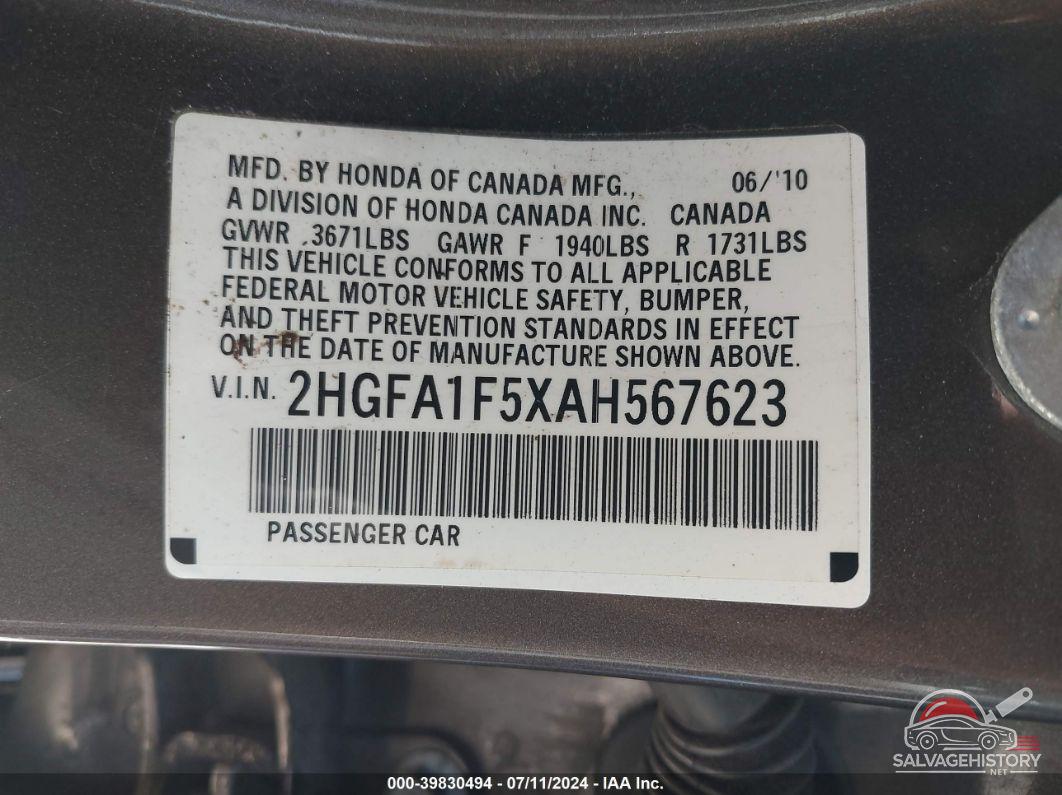 2HGFA1F5XAH567623 2010 HONDA CIVIC photo no. 9