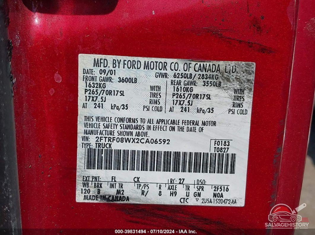 2FTRF08WX2CA06592 2002 FORD F-150 photo no. 9