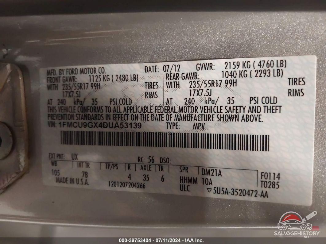 1FMCU9GX4DUA53139 2013 FORD ESCAPE photo no. 9