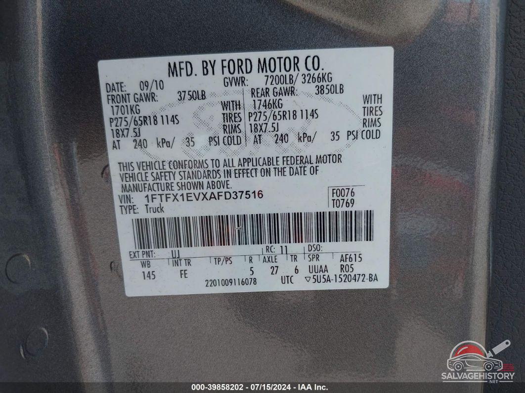 1FTFX1EVXAFD37516 2010 FORD F-150 photo no. 9