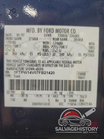 1FTPW14V07FB21420 2007 FORD F-150 photo no. 13