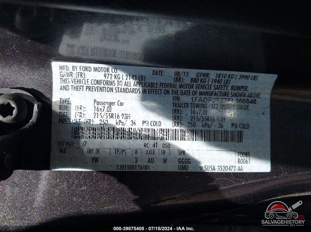 1FADP3F27FL366848 2015 FORD FOCUS photo no. 9