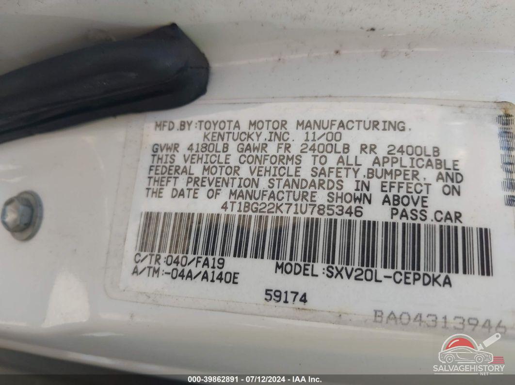 4T1BG22K71U785346 2001 TOYOTA CAMRY photo no. 9