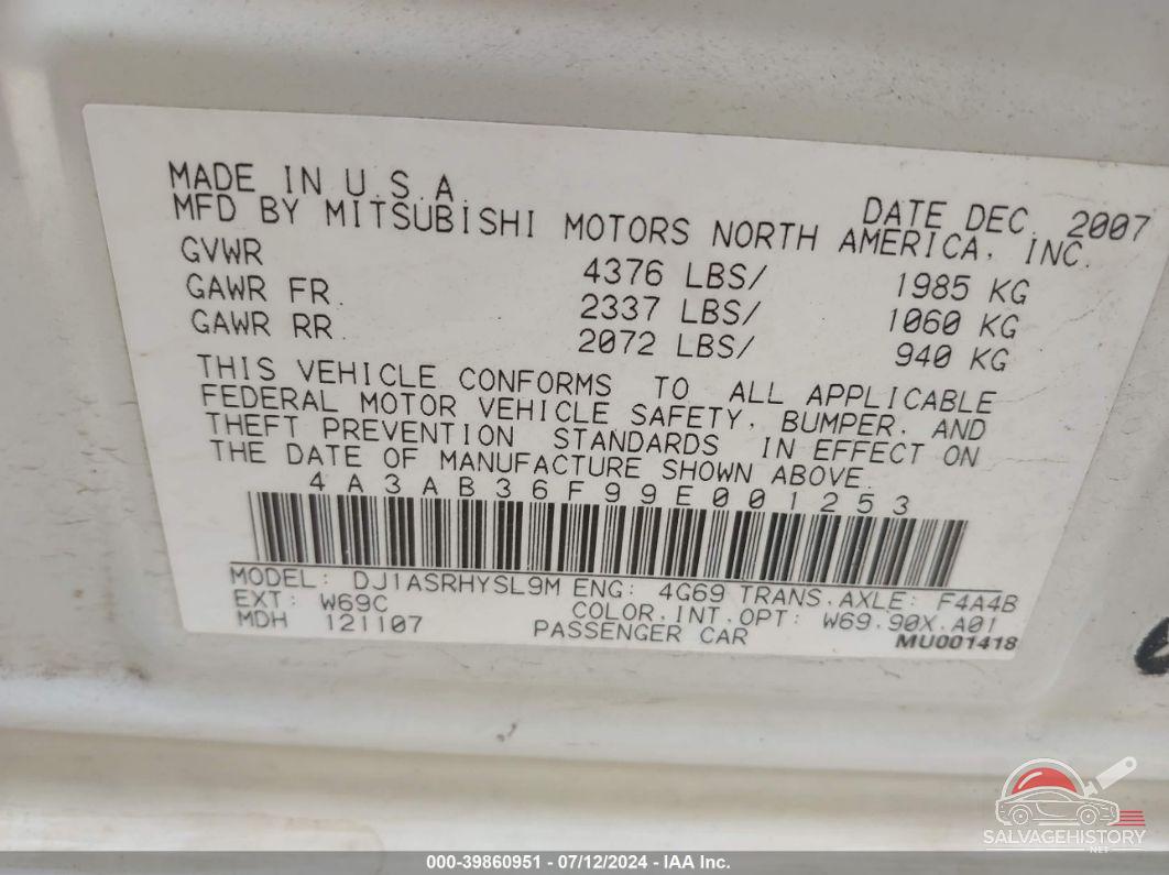 4A3AB36F99E001253 2009 MITSUBISHI GALANT photo no. 9