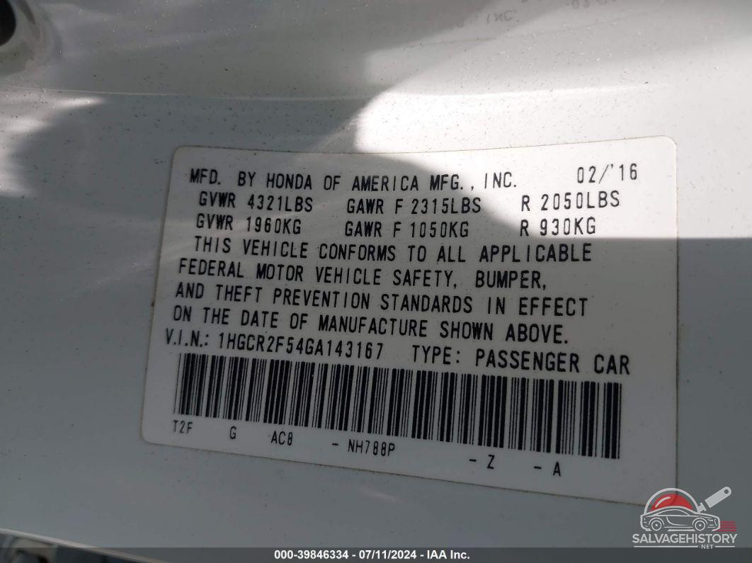1HGCR2F54GA143167 2016 HONDA ACCORD photo no. 9