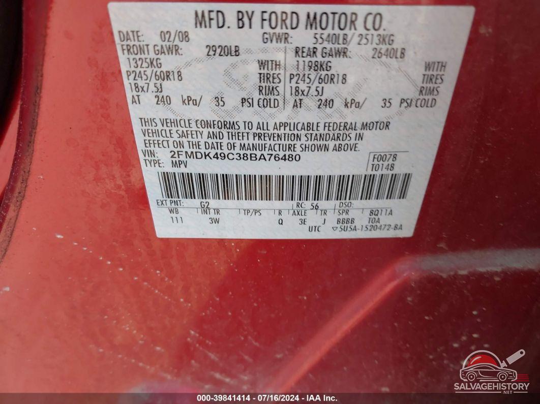 2FMDK49C38BA76480 2008 FORD EDGE photo no. 9