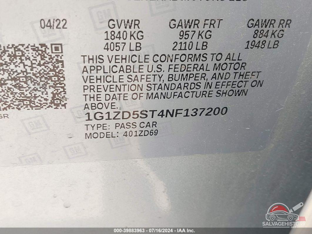 1G1ZD5ST4NF137200 2022 CHEVROLET MALIBU photo no. 9