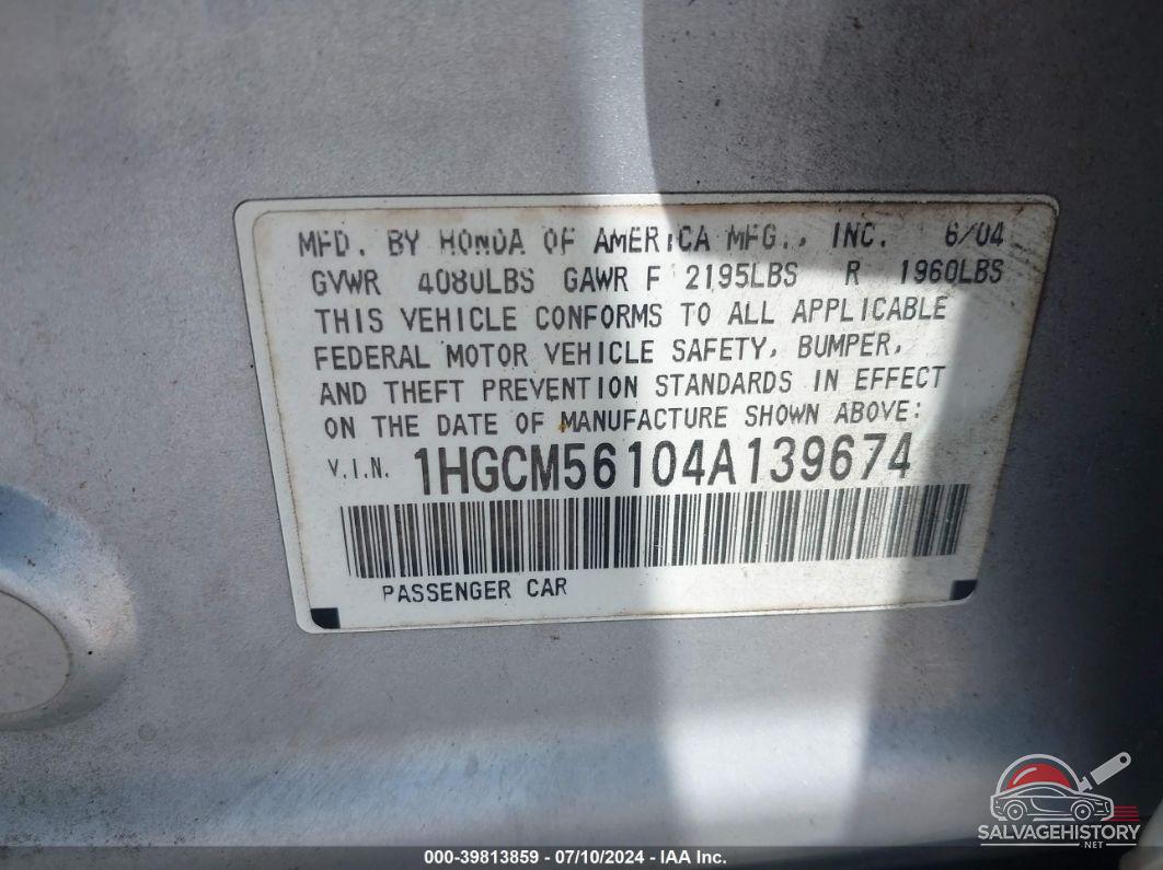 1HGCM56104A139674 2004 HONDA ACCORD photo no. 9