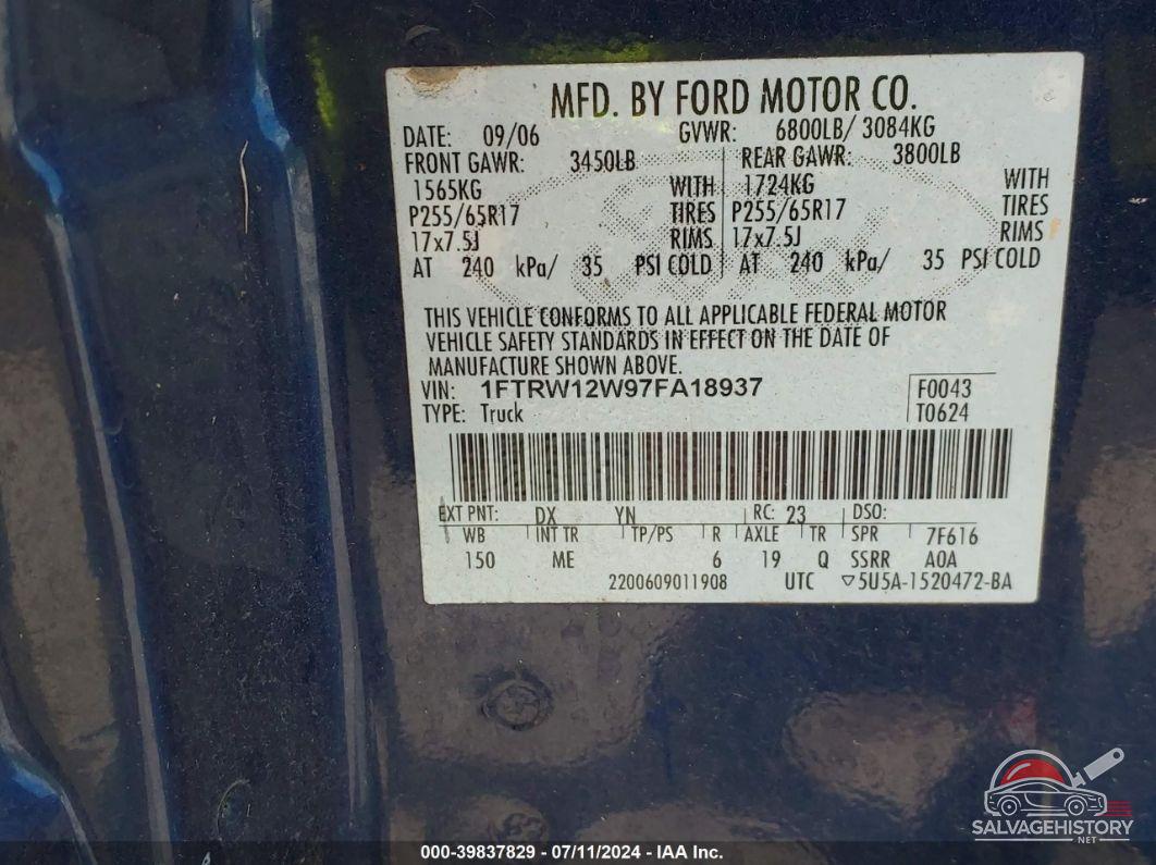 1FTRW12W97FA18937 2007 FORD F-150 photo no. 9