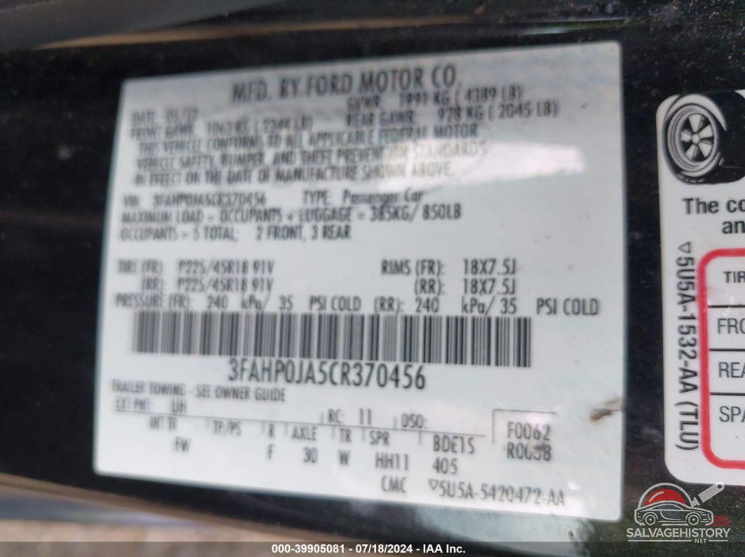 3FAHP0JA5CR370456 2012 FORD FUSION photo no. 9