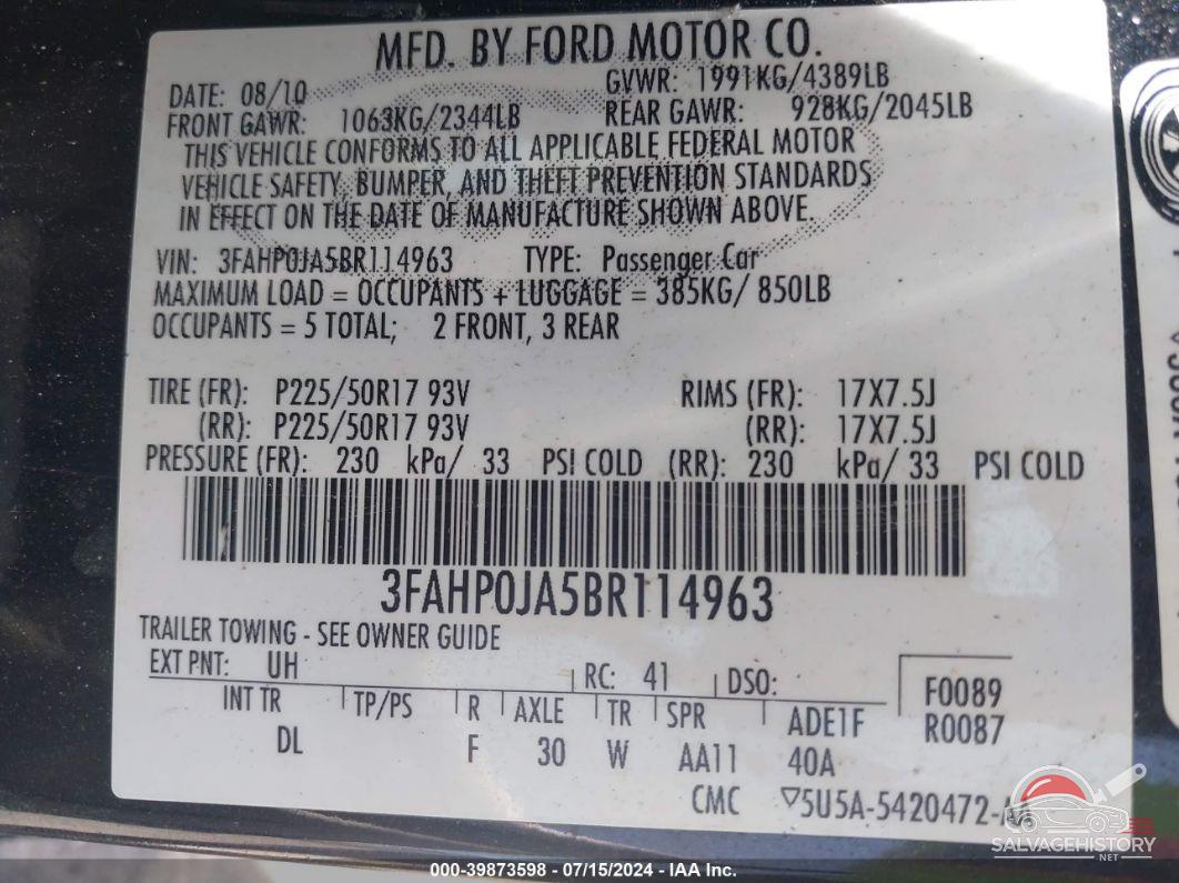 3FAHP0JA5BR114963 2011 FORD FUSION photo no. 9