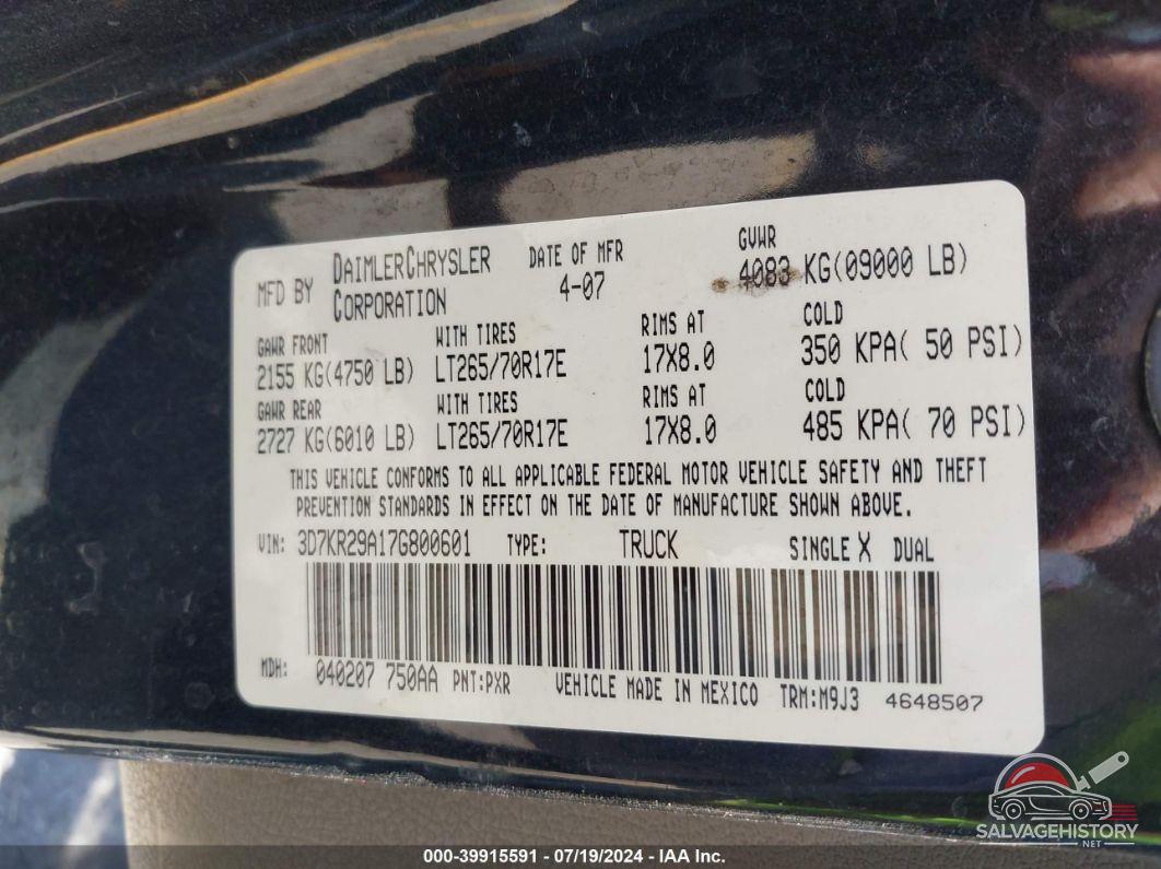 3D7KR29A17G800601 2007 DODGE RAM 2500 photo no. 9