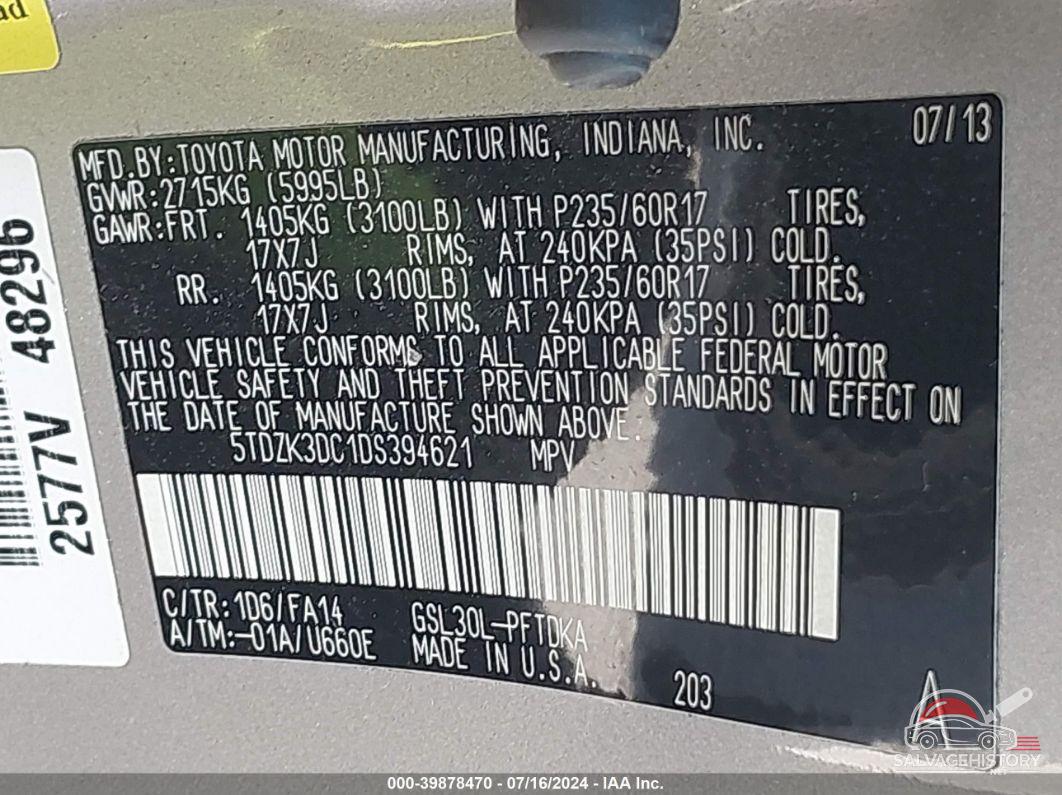 5TDZK3DC1DS394621 2013 TOYOTA SIENNA photo no. 9