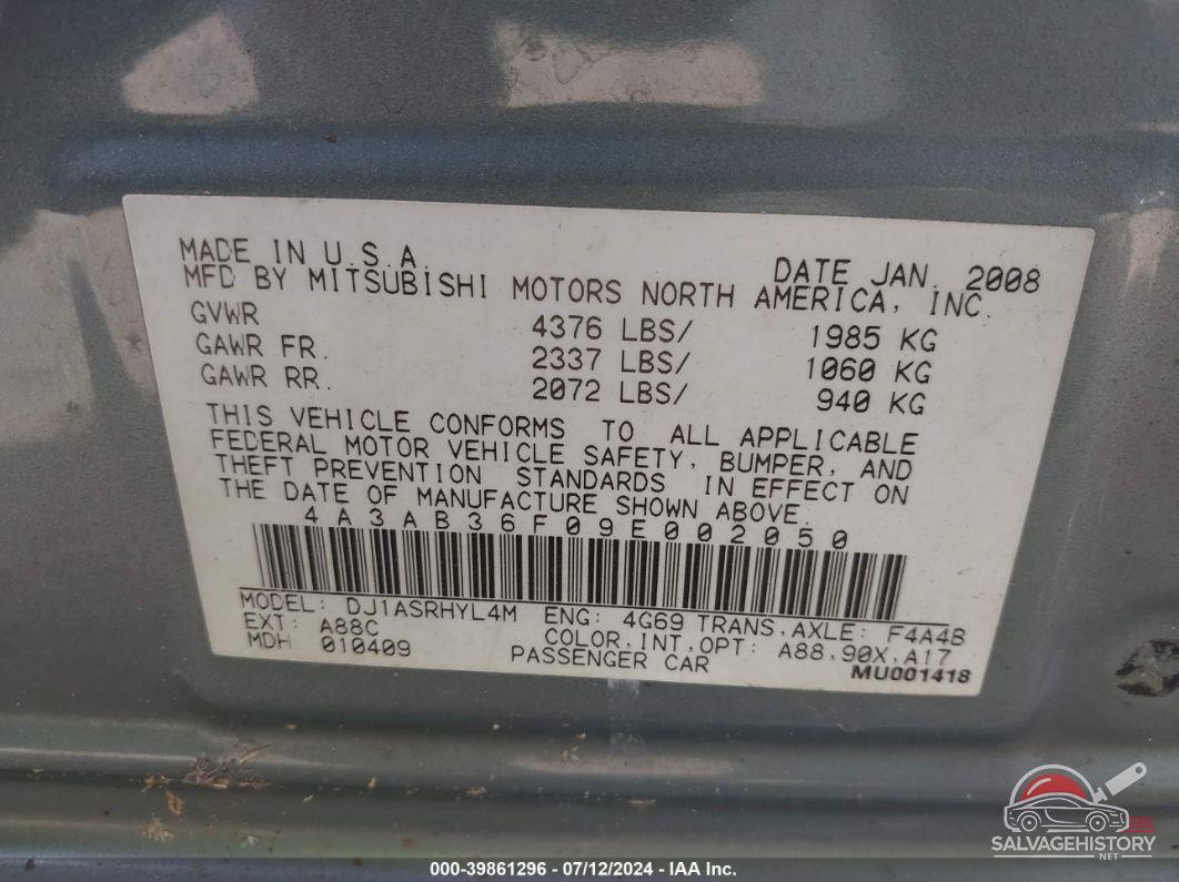 4A3AB36F09E002050 2009 MITSUBISHI GALANT photo no. 9