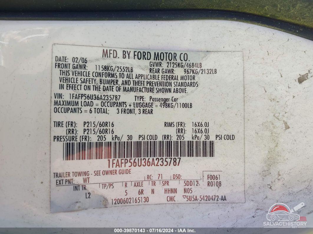 1FAFP56U36A235787 2006 FORD TAURUS photo no. 9