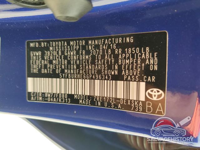 5YFBURHE6GP496343 2016 TOYOTA COROLLA photo no. 12