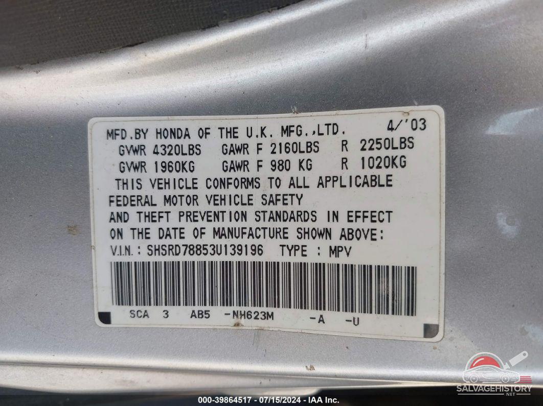 SHSRD78853U139196 2003 HONDA CR-V photo no. 9
