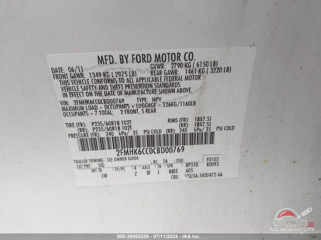 2FMHK6CC0CBD00769 2012 FORD FLEX photo no. 9