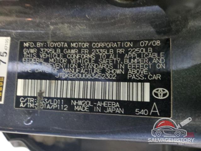 JTDKB20U083452302 2008 TOYOTA PRIUS photo no. 12