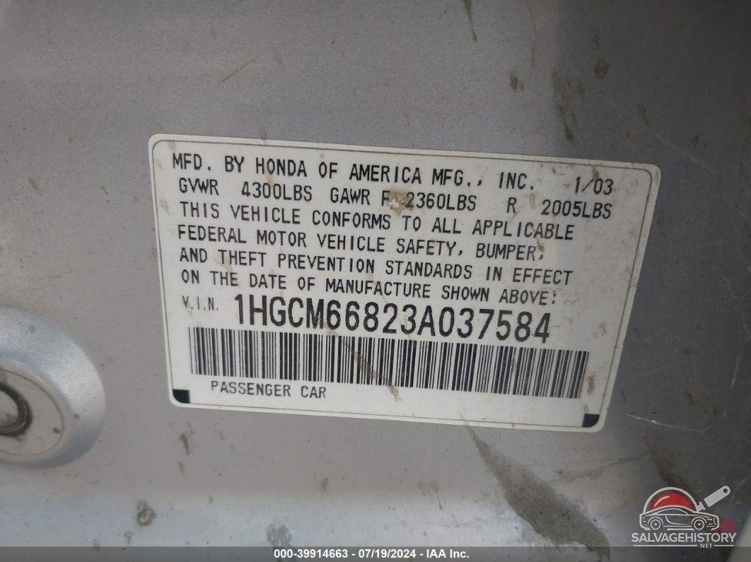 1HGCM66823A037584 2003 HONDA ACCORD photo no. 9