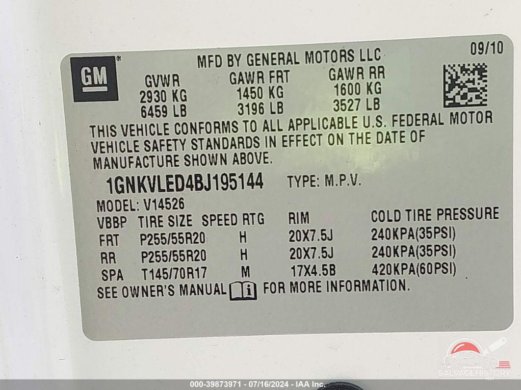 1GNKVLED4BJ195144 2011 CHEVROLET TRAVERSE photo no. 9