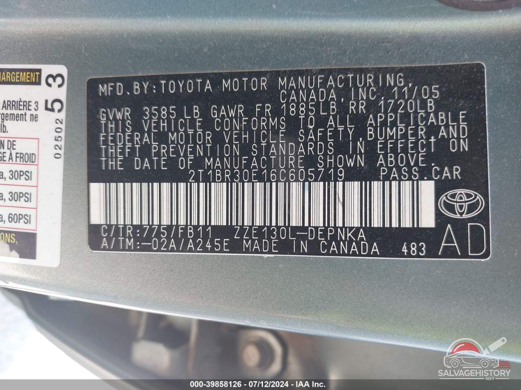 2T1BR30E16C605719 2006 TOYOTA COROLLA photo no. 9