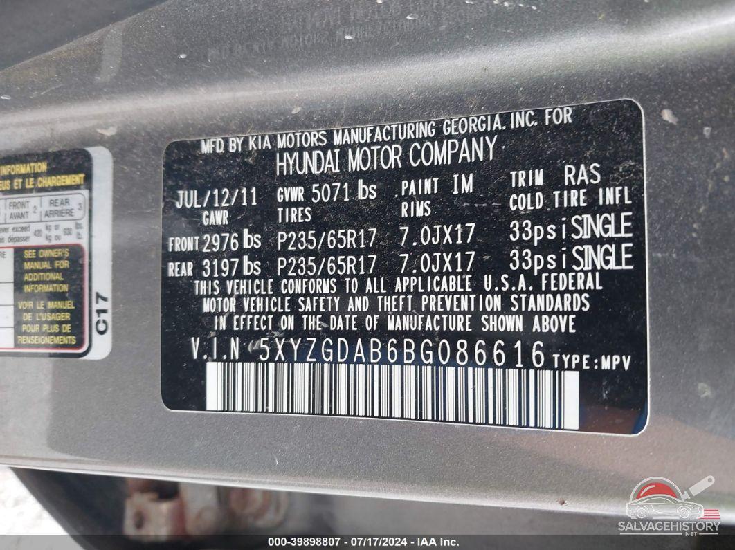 5XYZGDAB6BG086616 2011 HYUNDAI SANTA FE photo no. 9