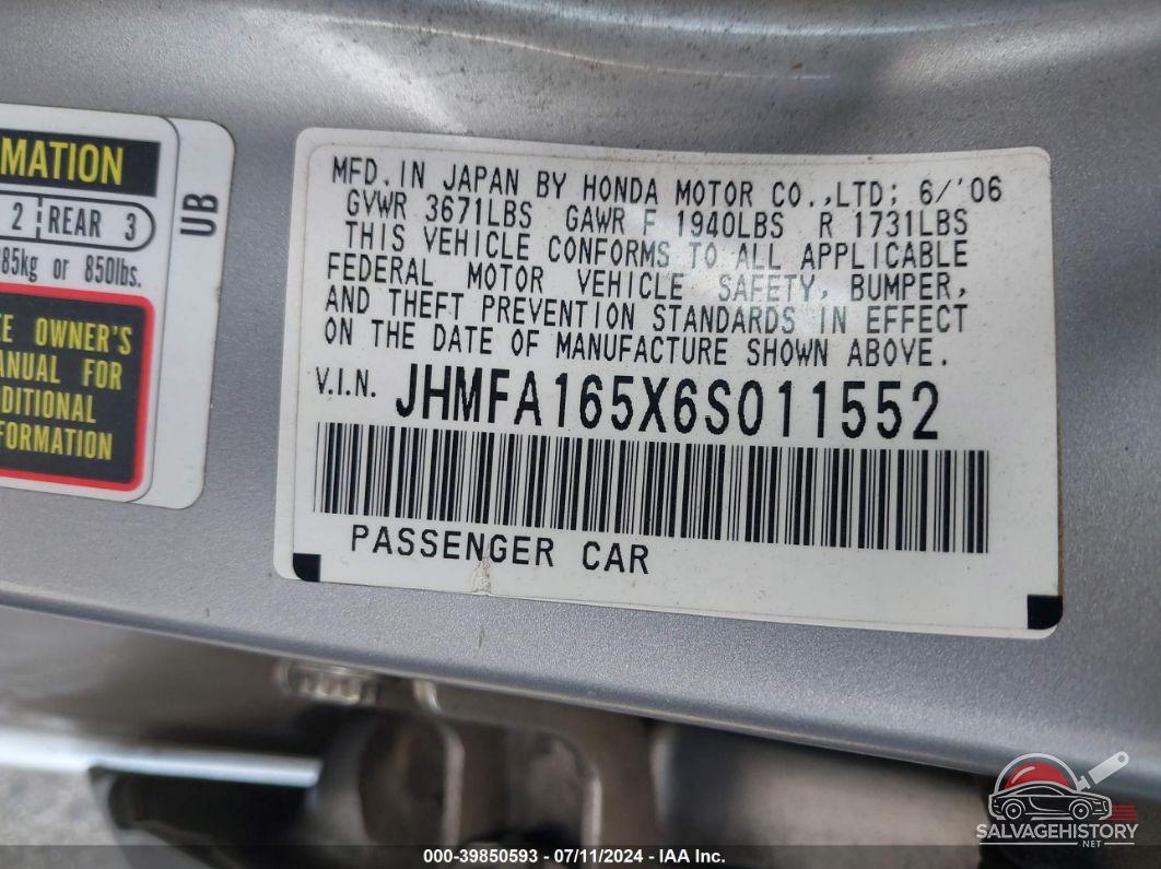 JHMFA165X6S011552 2006 HONDA CIVIC photo no. 9