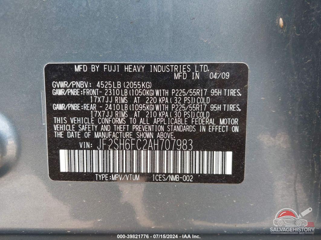 JF2SH6FC2AH707983 2010 SUBARU FORESTER photo no. 9