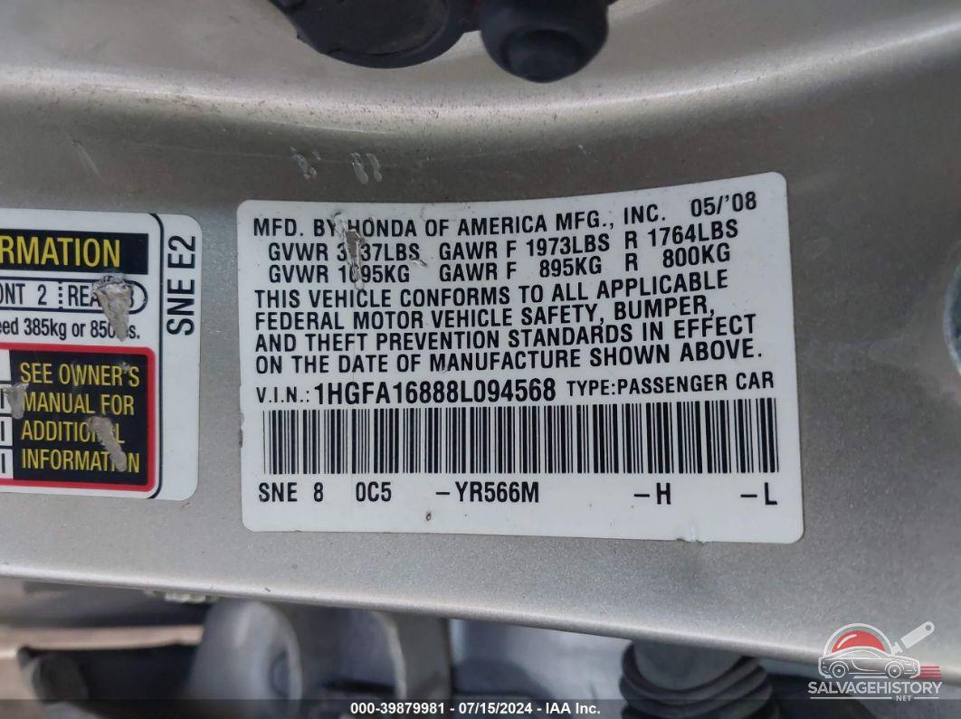 1HGFA16888L094568 2008 HONDA CIVIC photo no. 9
