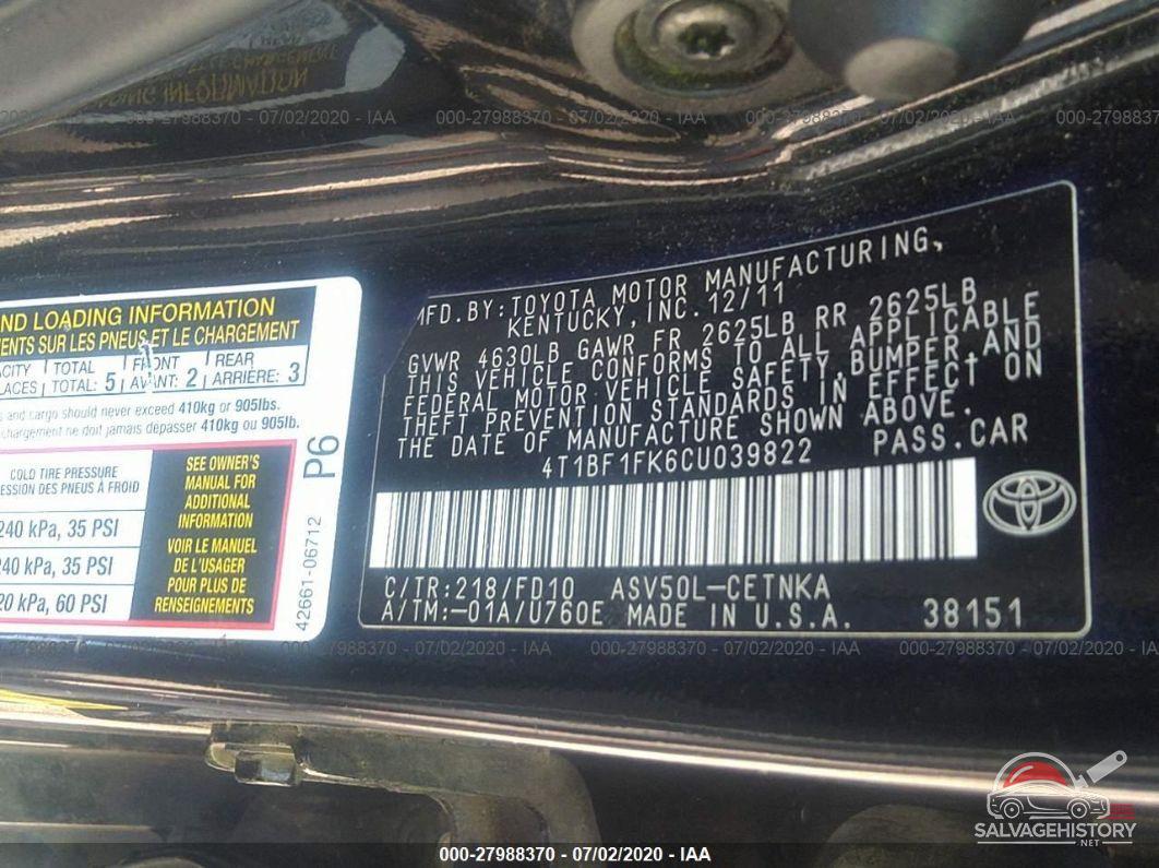 4T1BF1FK6CU039822 2012 TOYOTA CAMRY photo no. 9