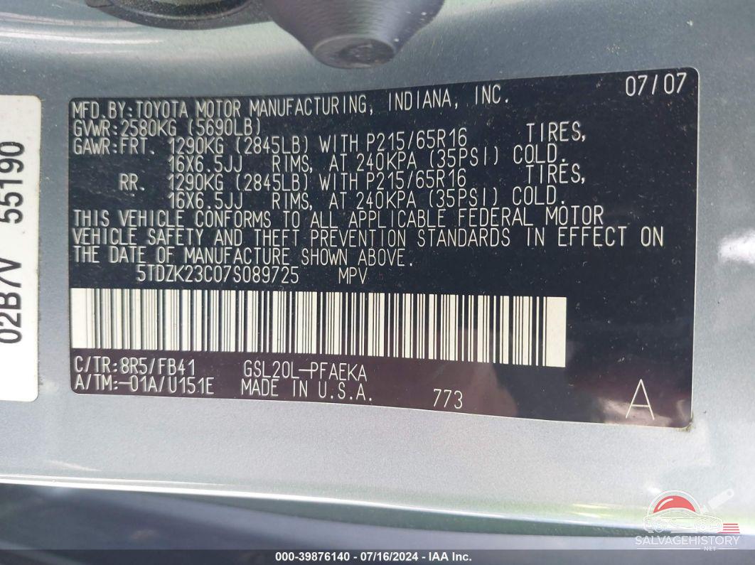 5TDZK23C07S089725 2007 TOYOTA SIENNA photo no. 9
