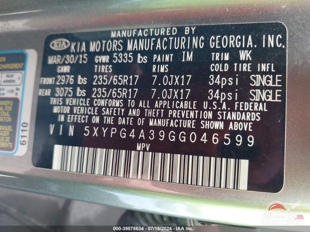 5XYPG4A39GG046599 2016 KIA SORENTO photo no. 9