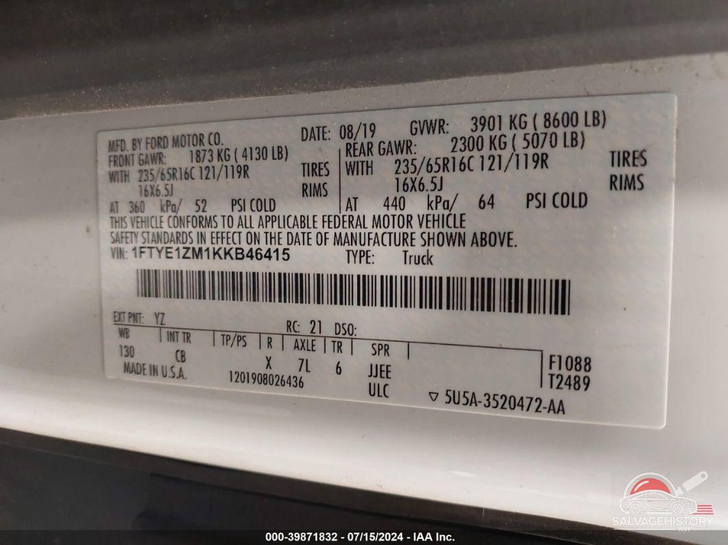 1FTYE1ZM1KKB46415 2019 FORD TRANSIT-150 photo no. 9