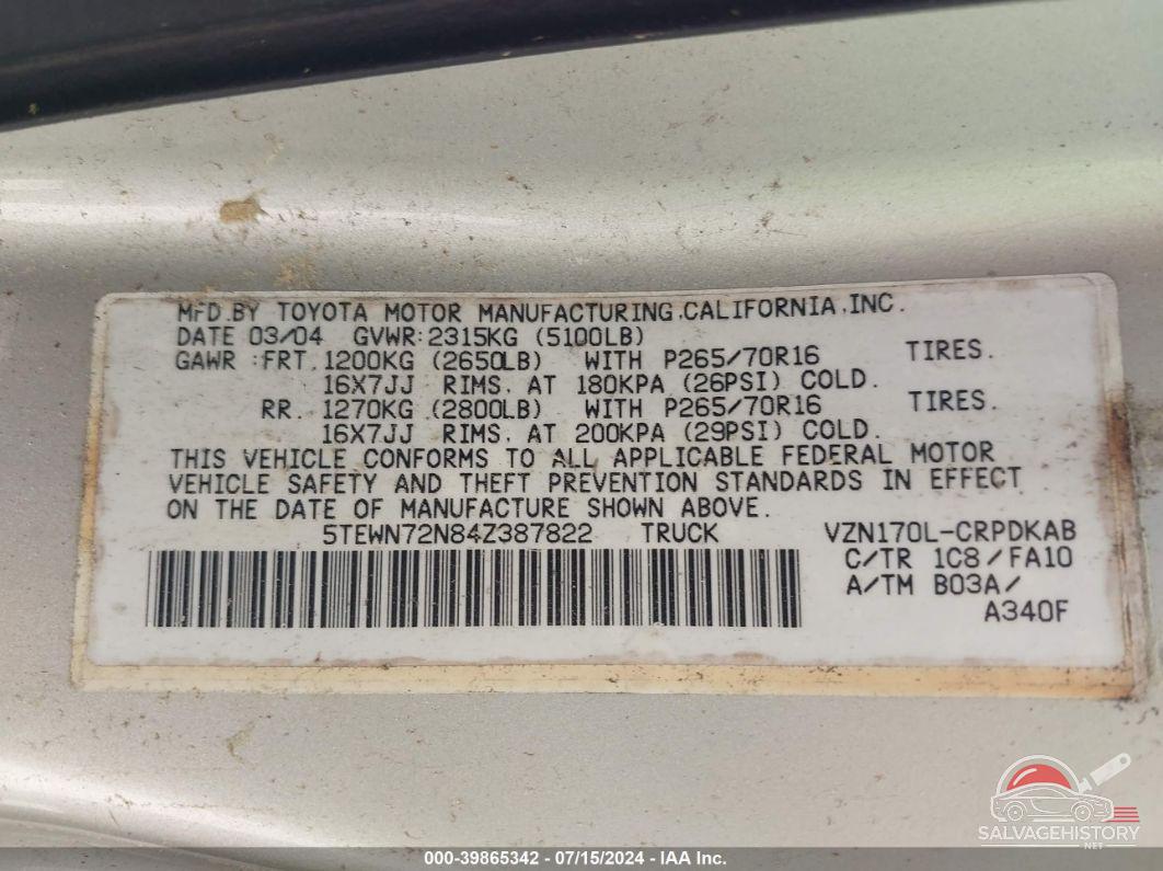 5TEWN72N84Z387822 2004 TOYOTA TACOMA photo no. 9