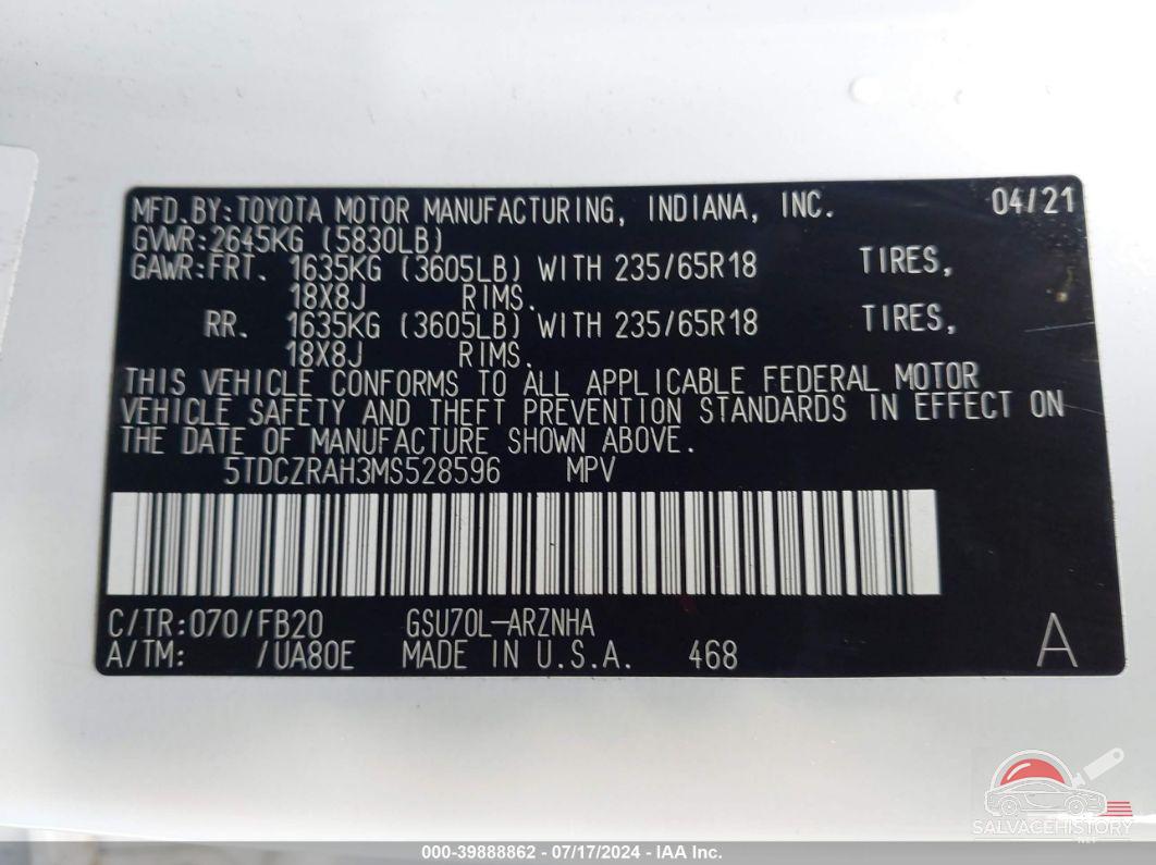 5TDCZRAH3MS528596 2021 TOYOTA HIGHLANDER photo no. 9