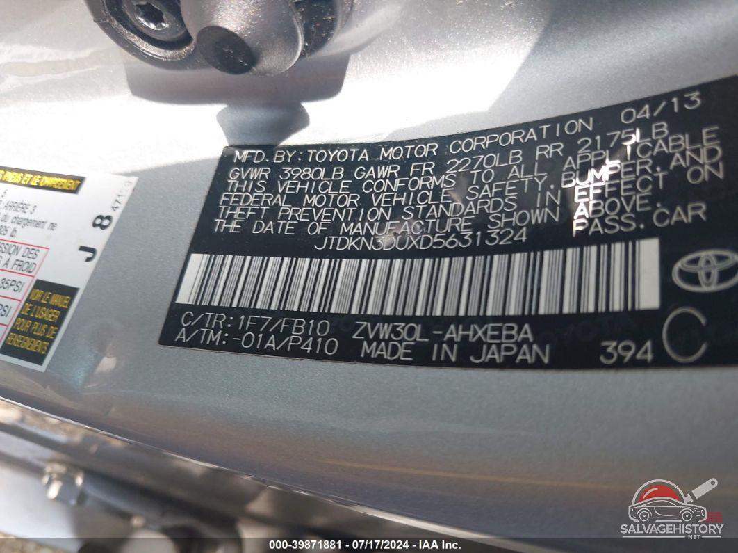 JTDKN3DUXD5631324 2013 TOYOTA PRIUS photo no. 9