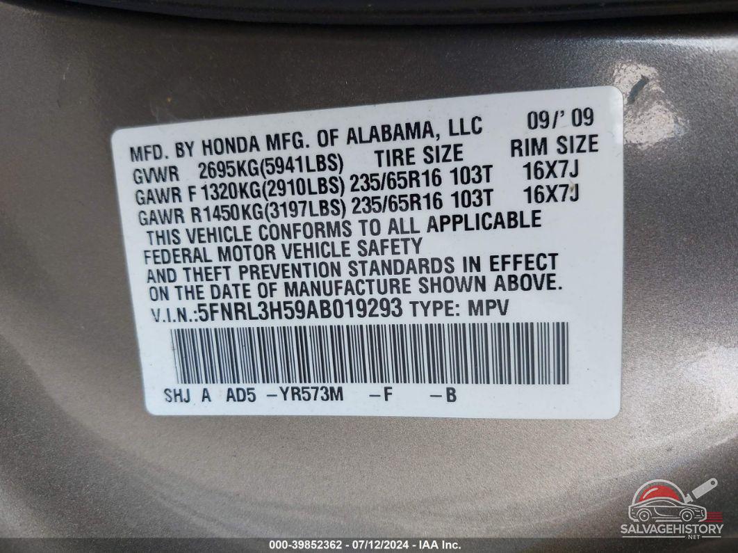 5FNRL3H59AB019293 2010 HONDA ODYSSEY photo no. 9