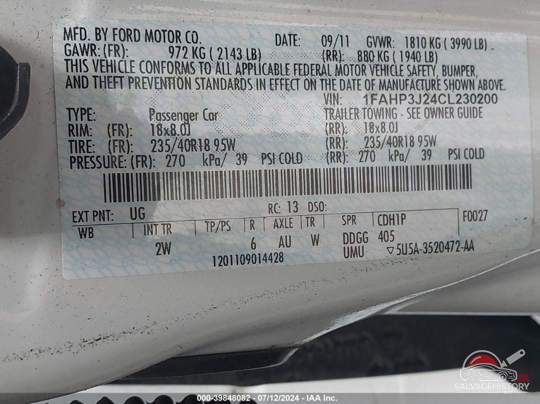 1FAHP3J24CL230200 2012 FORD FOCUS photo no. 9