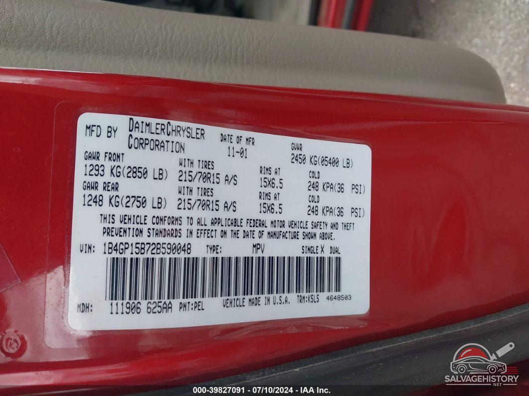 1B4GP15B72B590048 2002 DODGE CARAVAN photo no. 9