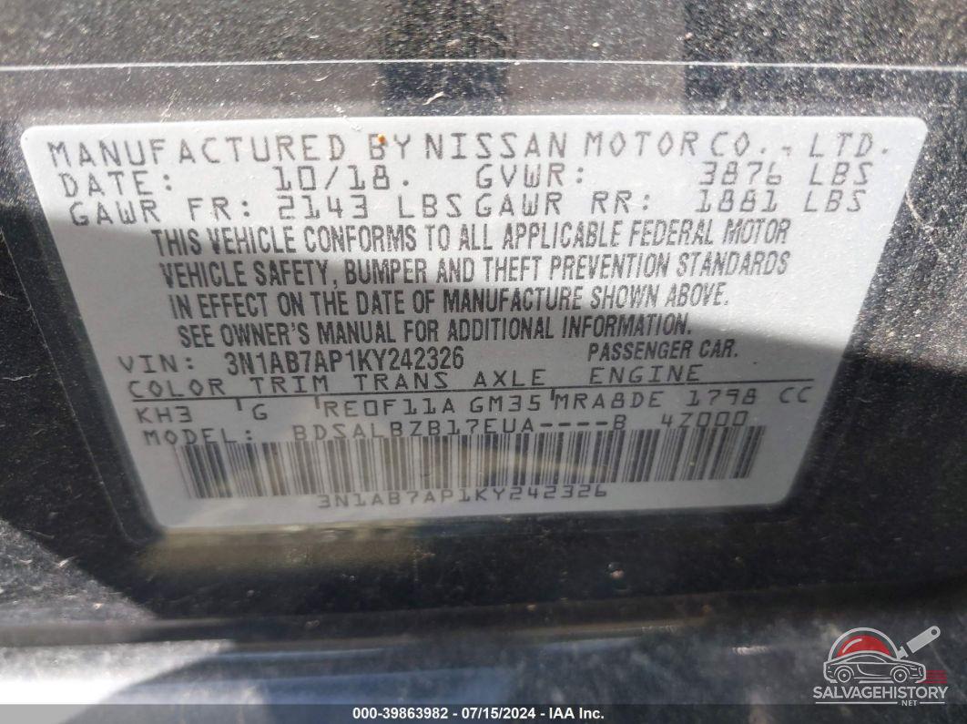 3N1AB7AP1KY242326 2019 NISSAN SENTRA photo no. 9