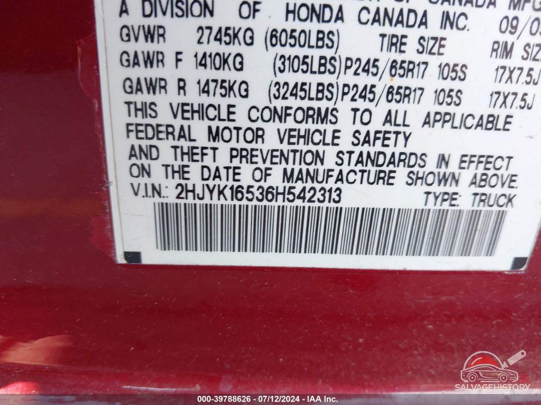 2HJYK16536H542313 2006 HONDA RIDGELINE photo no. 9
