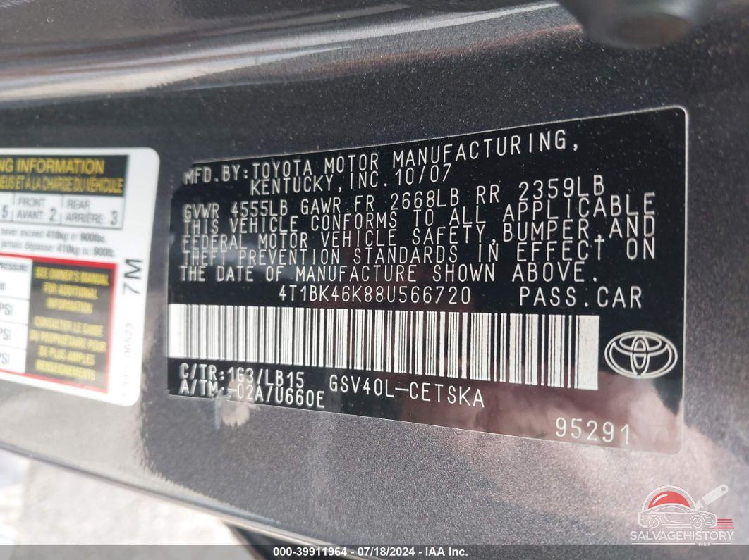 4T1BK46K88U566720 2008 TOYOTA CAMRY photo no. 9