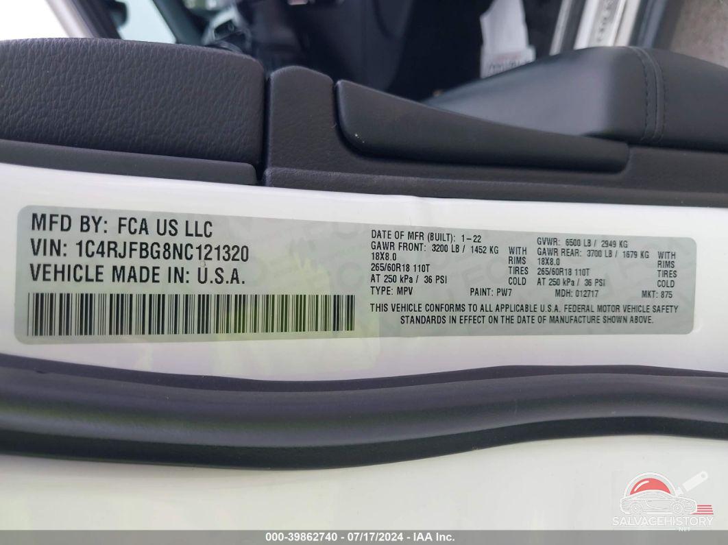 1C4RJFBG8NC121320 2022 JEEP GRAND CHEROKEE WK photo no. 9